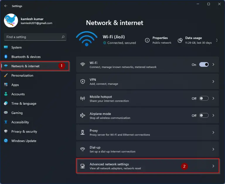Advanced network settings menu