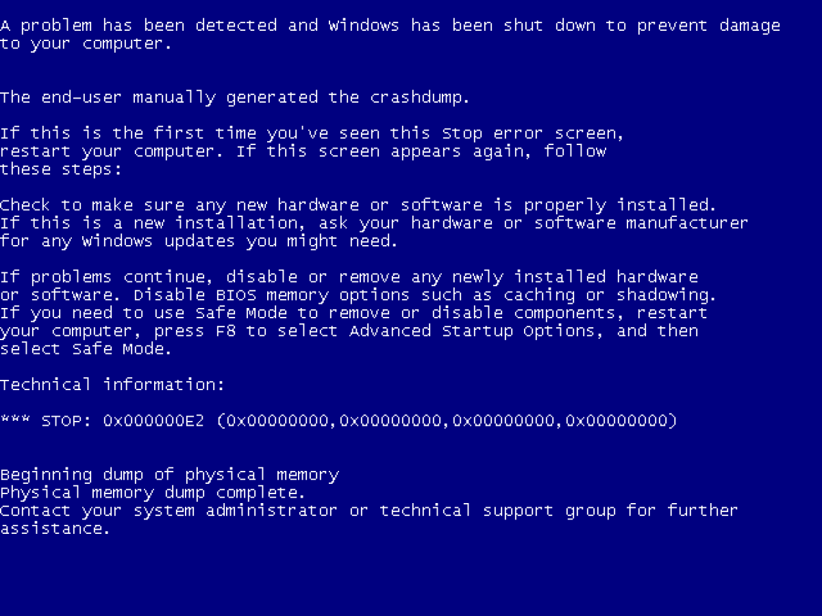 Blue screen of death (BSOD) error message on Windows XP