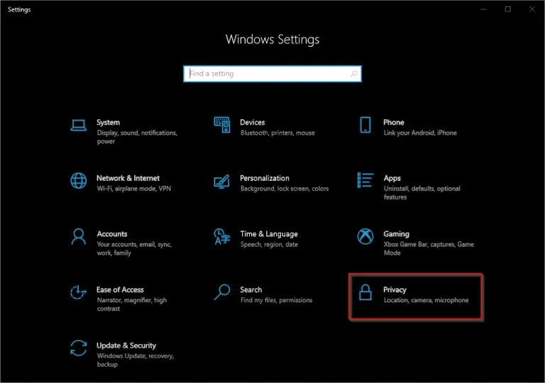 Camera privacy settings menu