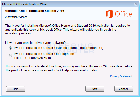 Choose "I want to activate the software over the Internet" and click "Next".
Follow the on-screen instructions to extend the trial period of Office 2010.