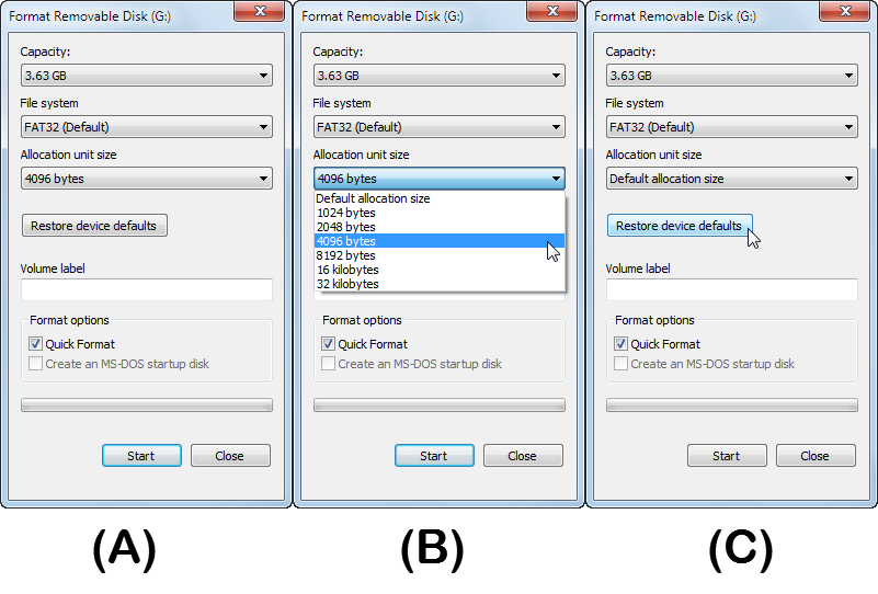 Choose the desired file system (e.g., FAT32) and allocation unit size
Check the "Quick Format" option