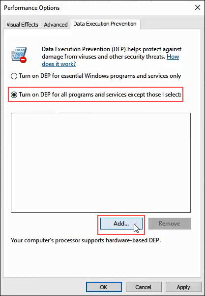 Click the Data Execution Prevention tab: In the Performance Options dialog box, click the Data Execution Prevention tab.
Add an Exception: Click Add, locate the executable file for the program that you want to add, and then click Open.