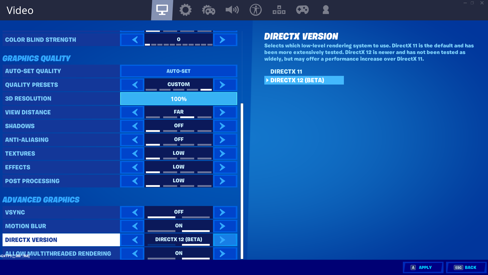 DirectX settings menu