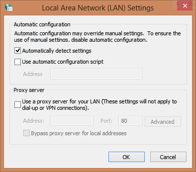 Ensure that the Automatically detect settings box is checked.
If you are using a proxy server, make sure the Use a proxy server for your LAN box is unchecked.