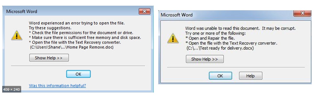 Error message Word document cannot be opened