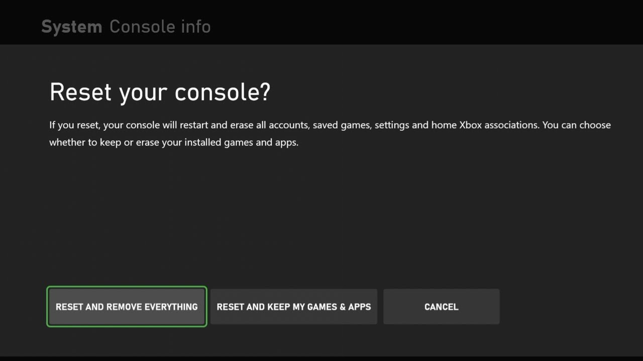 Go to Settings &gt; System &gt; Console info &gt; Reset console
Choose Reset and keep my games &amp; apps or Reset and remove everything