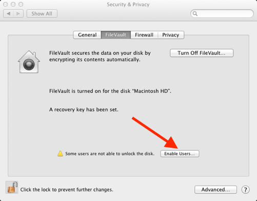 Go to the "FileVault" tab.
Click on the lock icon and enter your administrator password.