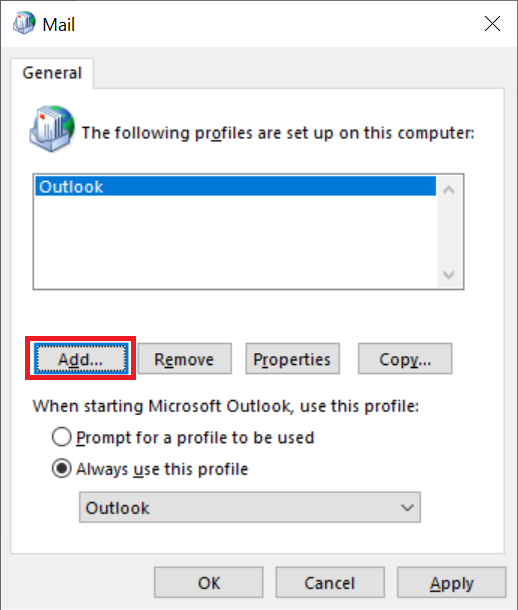 In the Mail Setup window, click on "Show Profiles"
Select the Outlook profile you want to rebuild