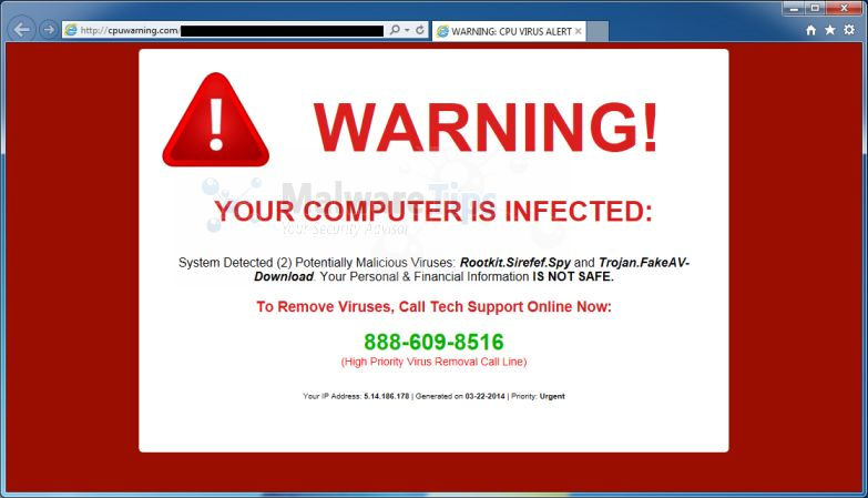 Malicious software warning pop-up