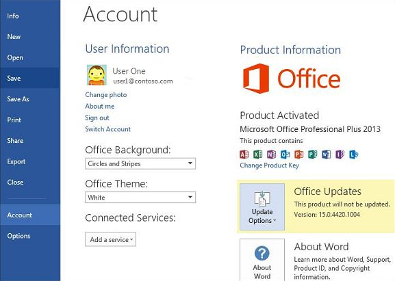 Microsoft 365 update settings on Windows 7