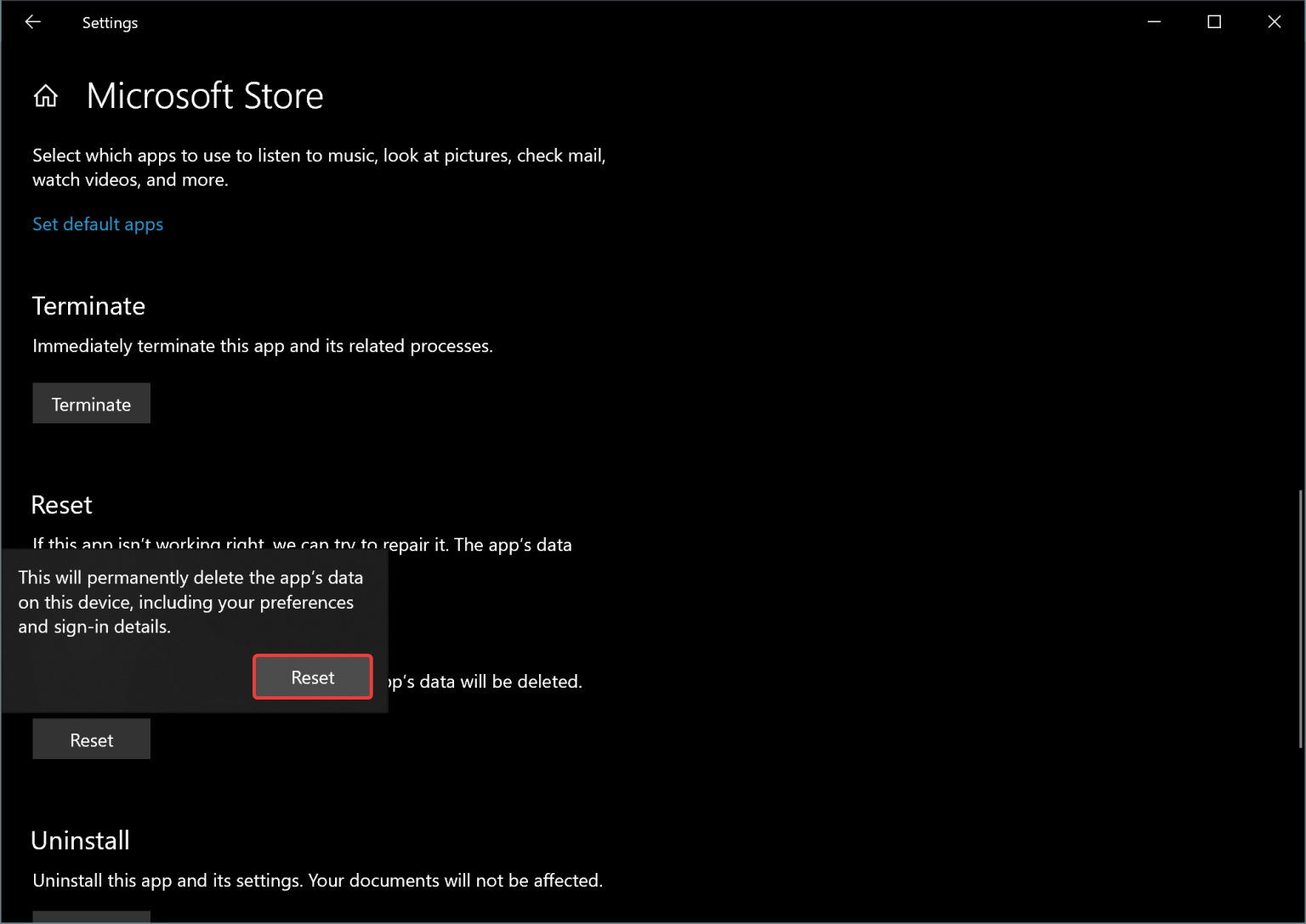 Microsoft Store app reset button