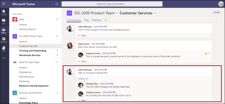 Microsoft Teams interface with messages, threads, and OneNote tab