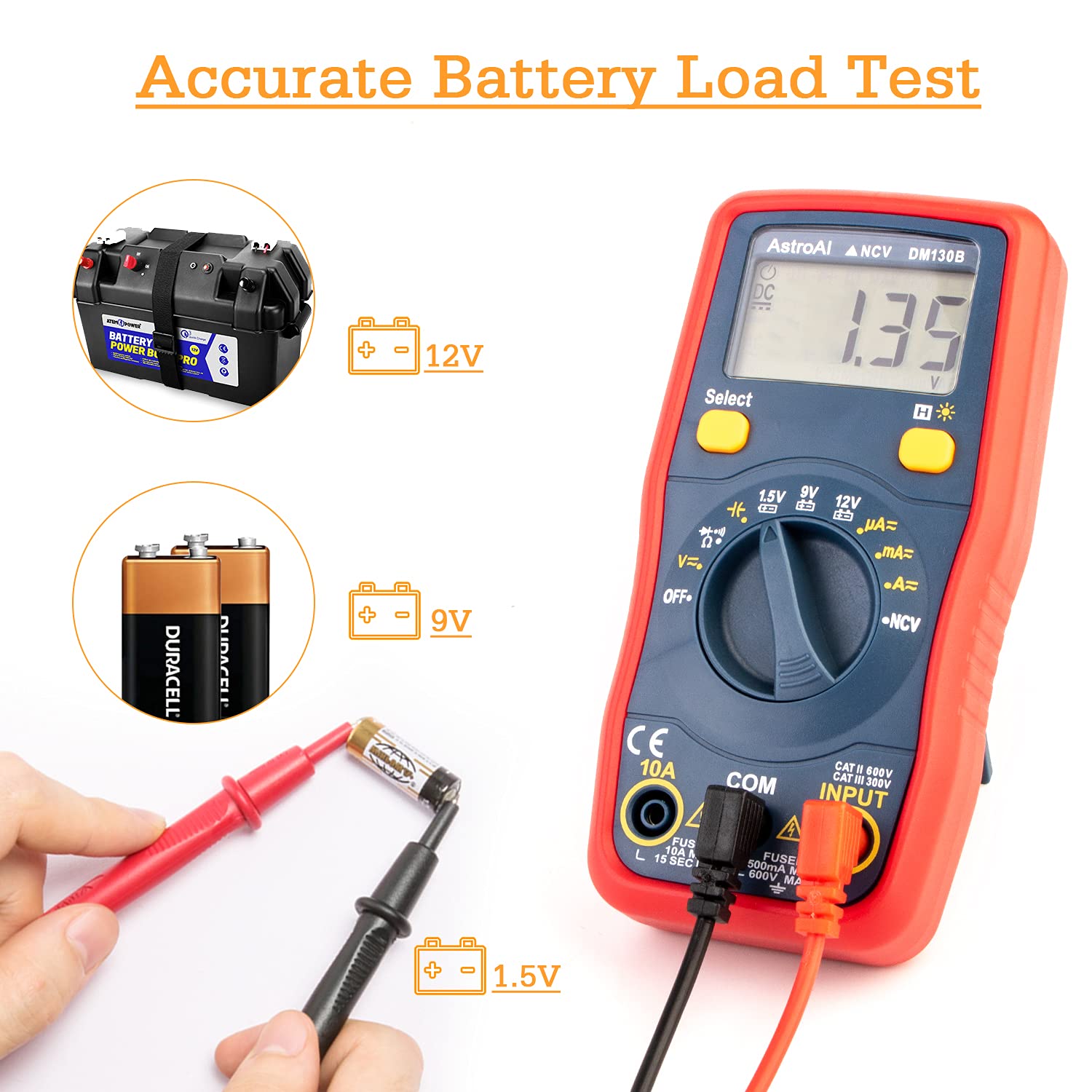 Multimeter testing battery voltage