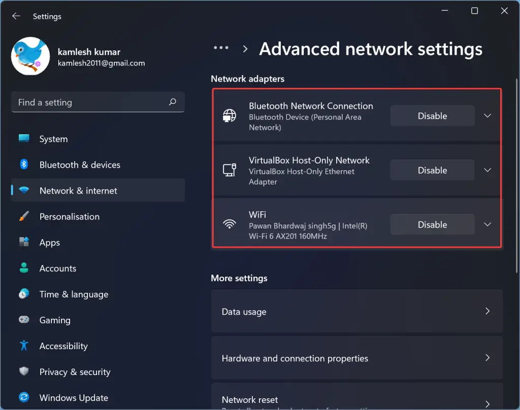 Network adapter and graphics settings menu