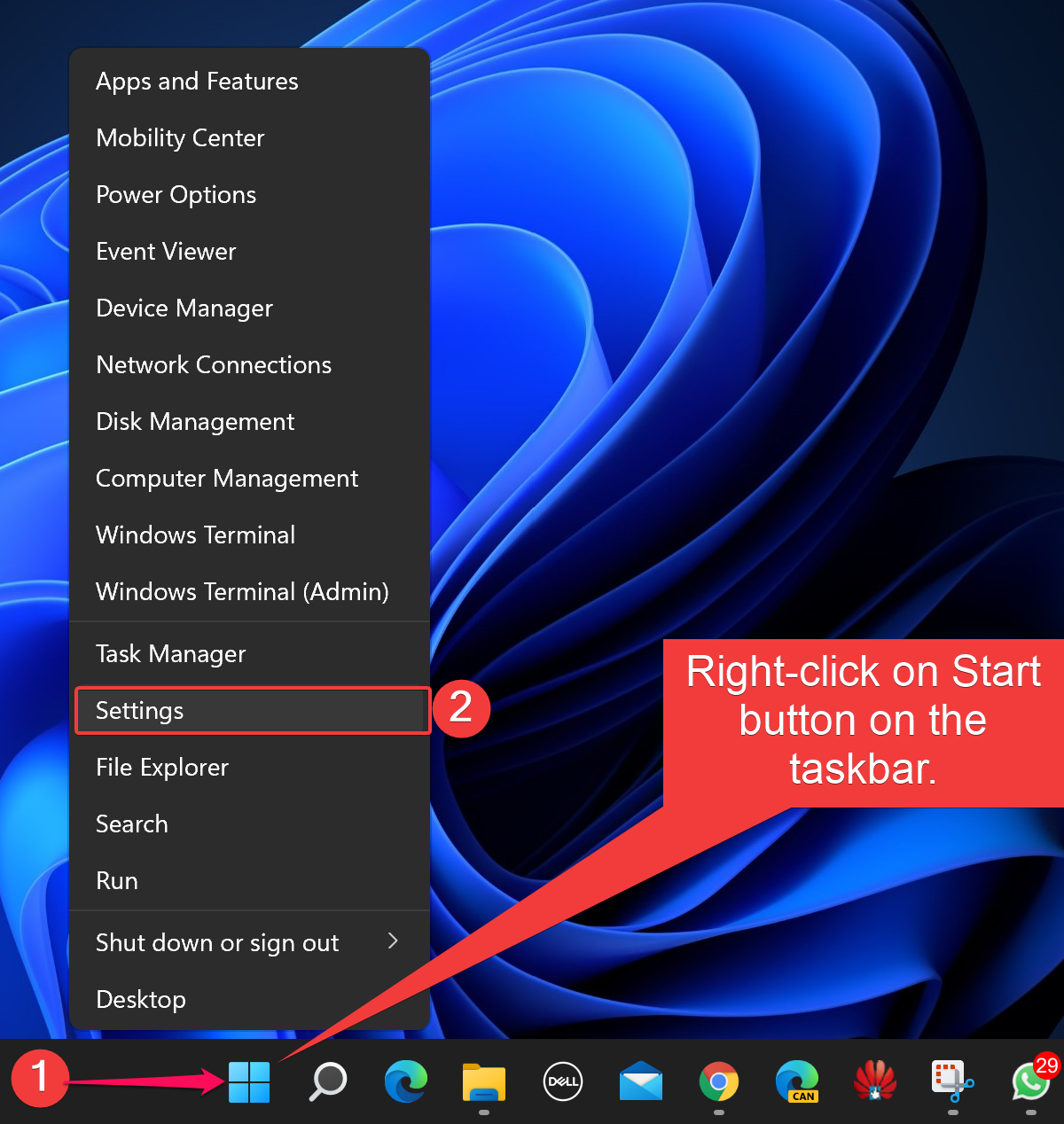 Network settings menu in Windows 10