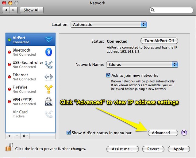 Network settings page on a computer