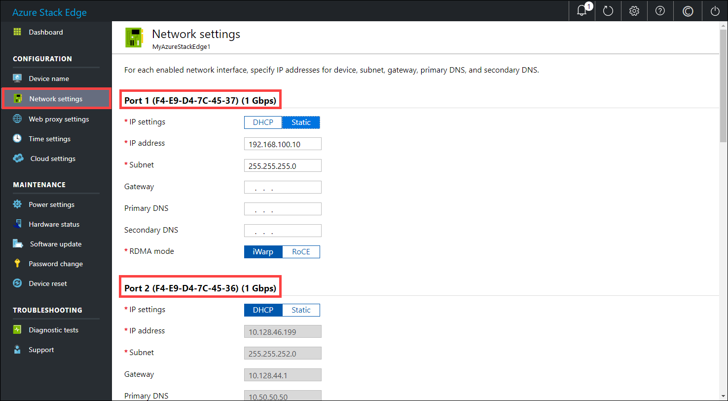 Network settings page or configuration menu