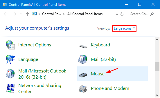 Open Control Panel and click on Mouse.
Go to the Device Settings tab.