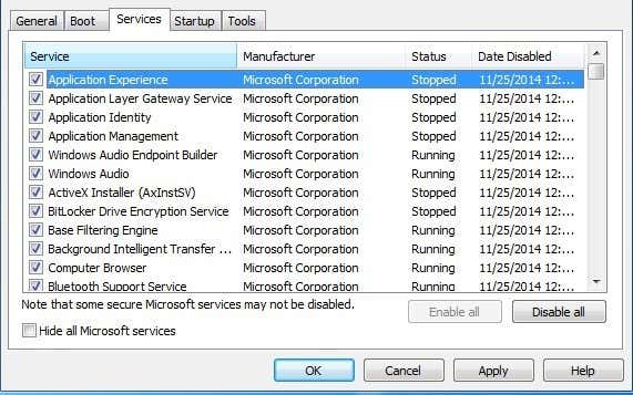 Open the System Configuration utility by searching for it in the Start menu.
Go to the Services tab and check the box for Hide all Microsoft services.