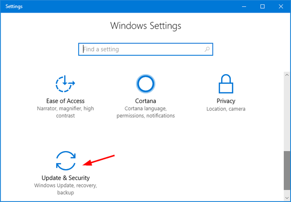 Press Windows + I to open the Settings app.
Click on Update & Security.