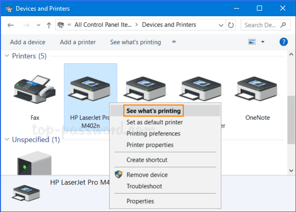 Right-click on your printer and select "See what's printing".
In the print queue window, click on "Printer" from the top menu.