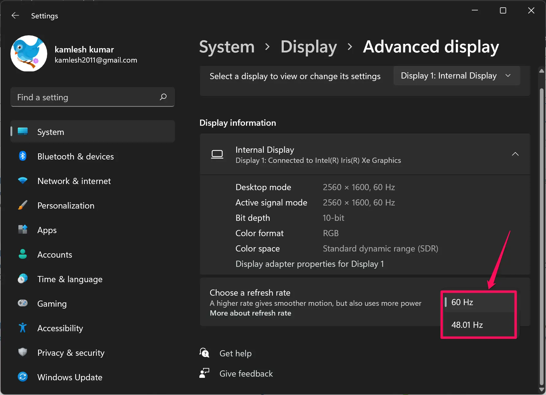 Settings menu with refresh rate option