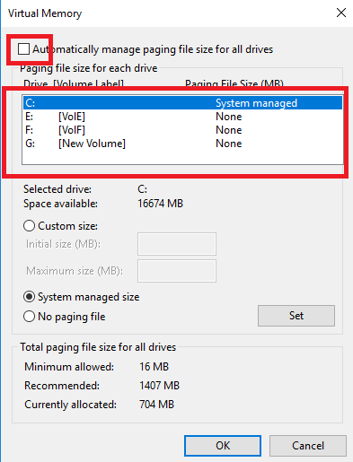 Uncheck the "Automatically manage paging file size for all drives" option.
Select the drive that contains your operating system and click on the "Custom size" option.