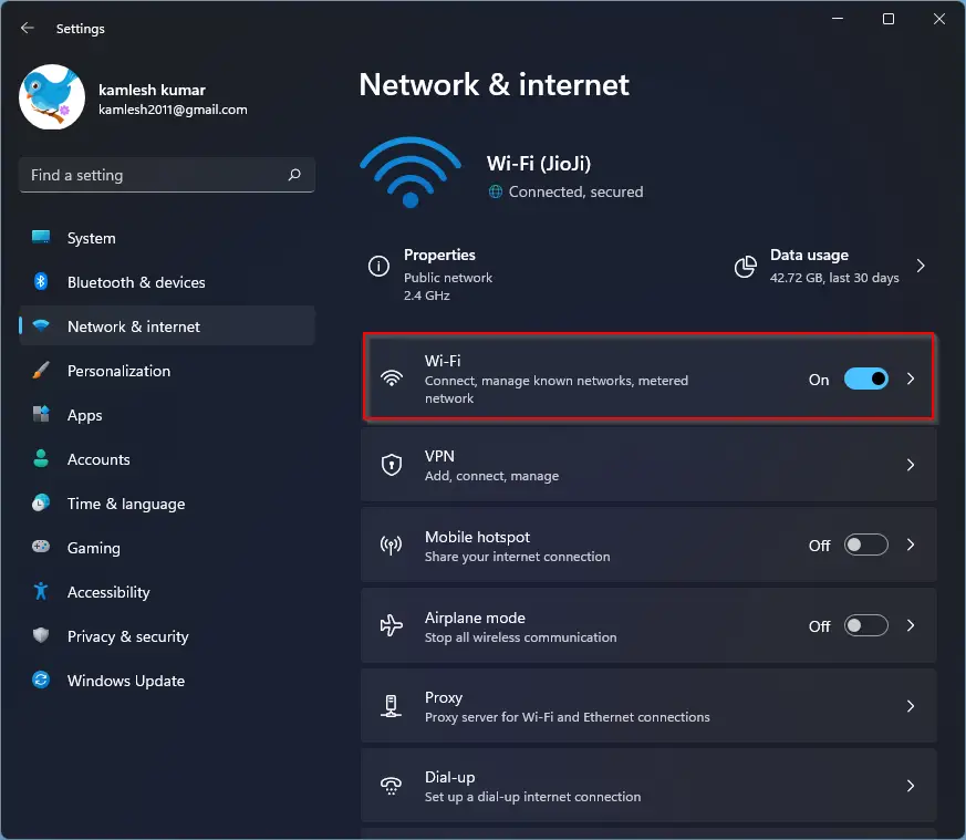 WiFi network settings on Windows