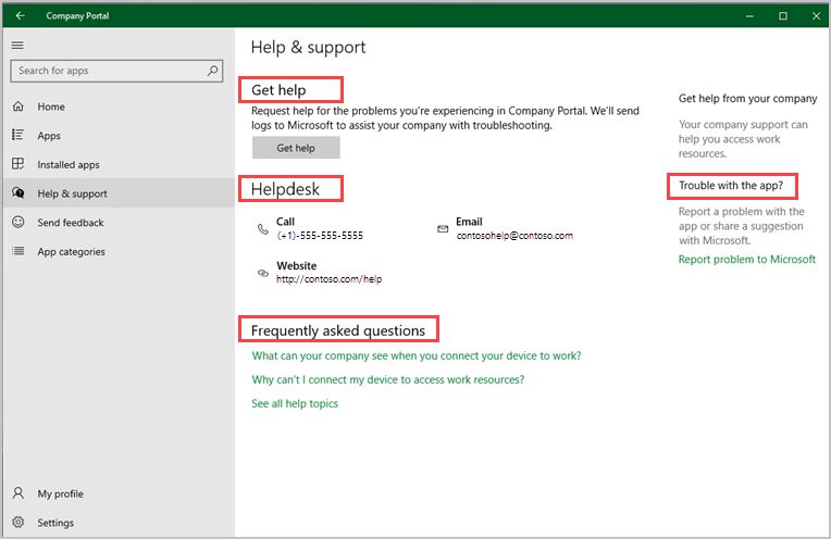 Windows customer support page