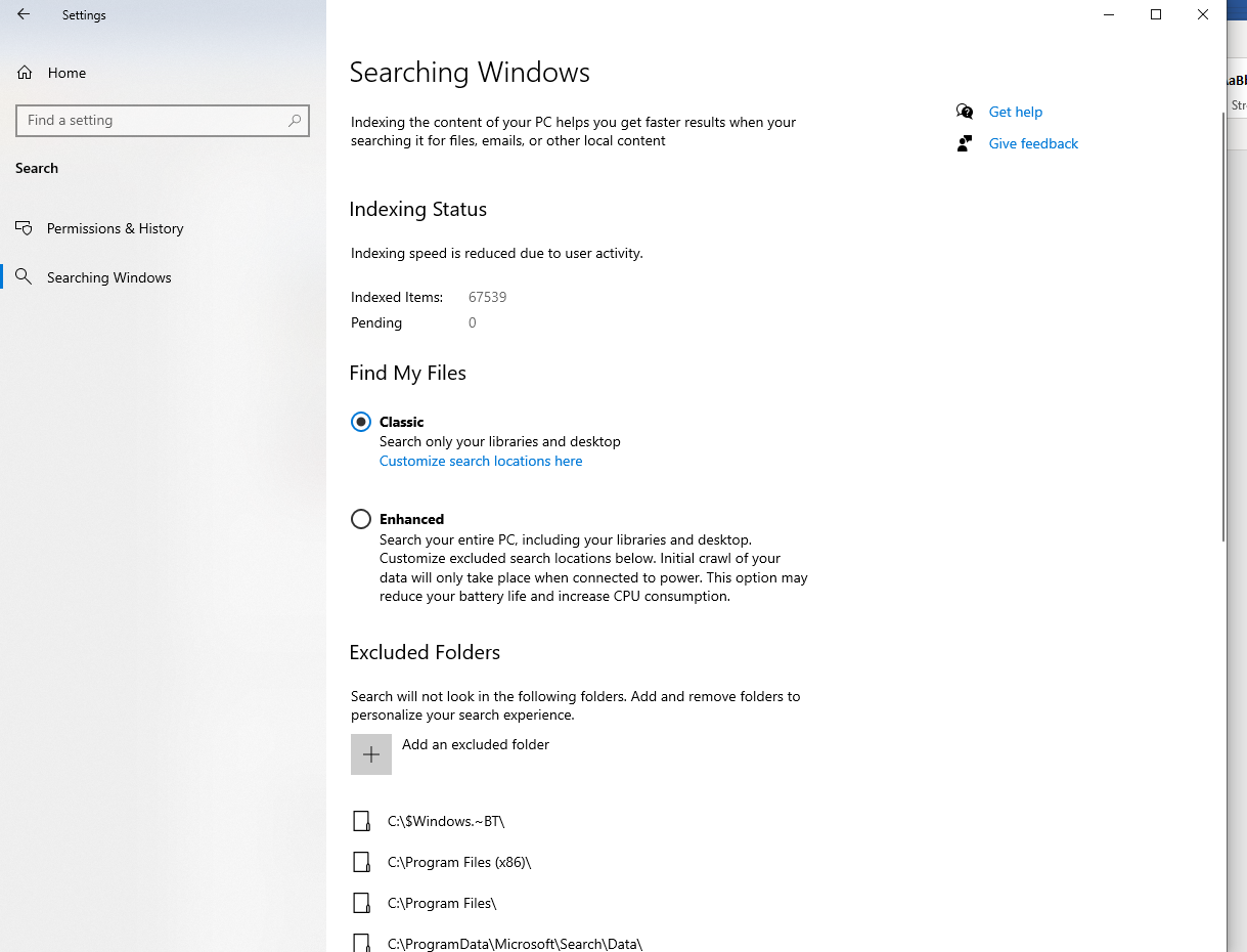 Windows search disable option in settings