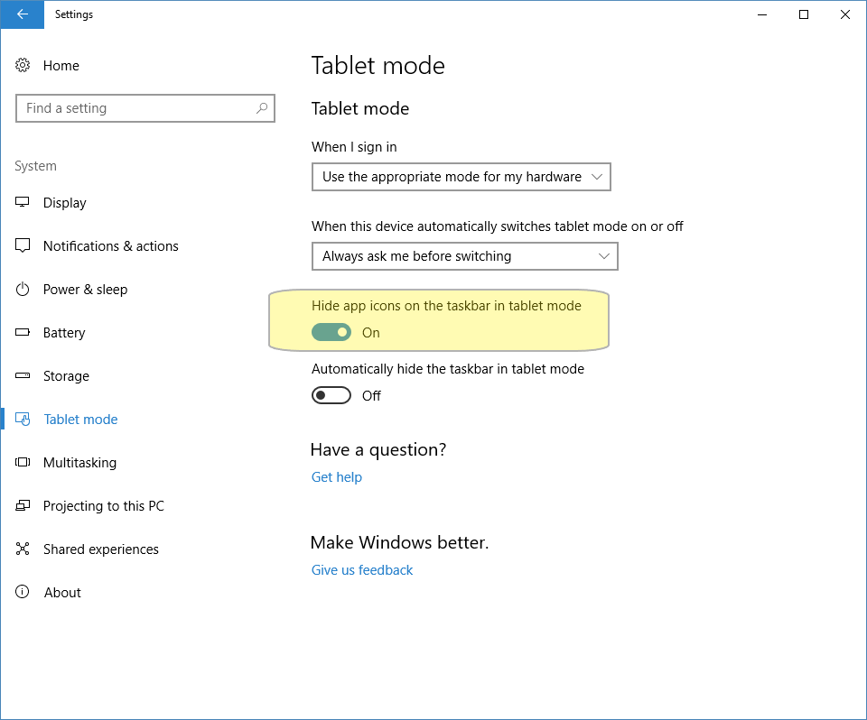 Windows tablet settings