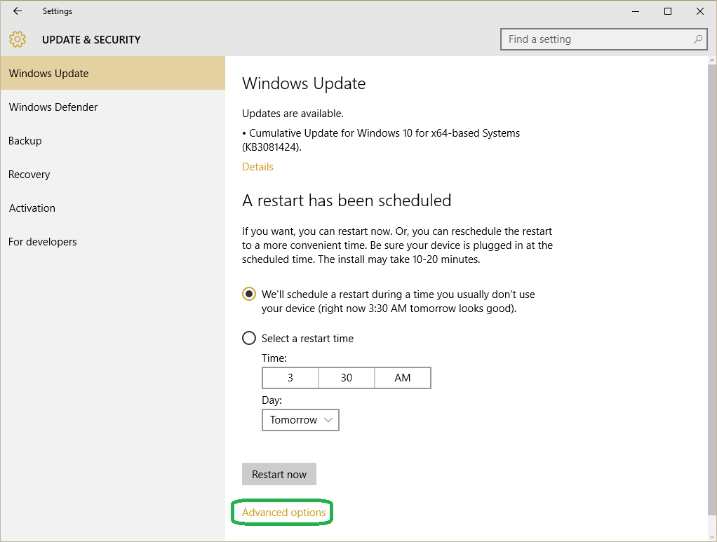 Windows Update settings.