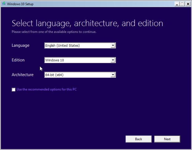 Windows version selection screen.