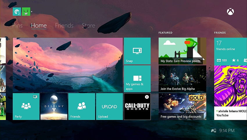 Xbox dashboard with background applications and games running